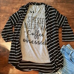 Coffee Tee w/Black/White Striped Cardigan Outfit